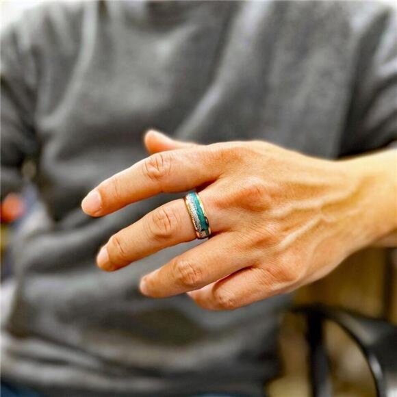 Men's Wedding Band Ring - Rose Gold Faux Blue Opal & Meteorite - Wedding Rings - Picture 4 of 8